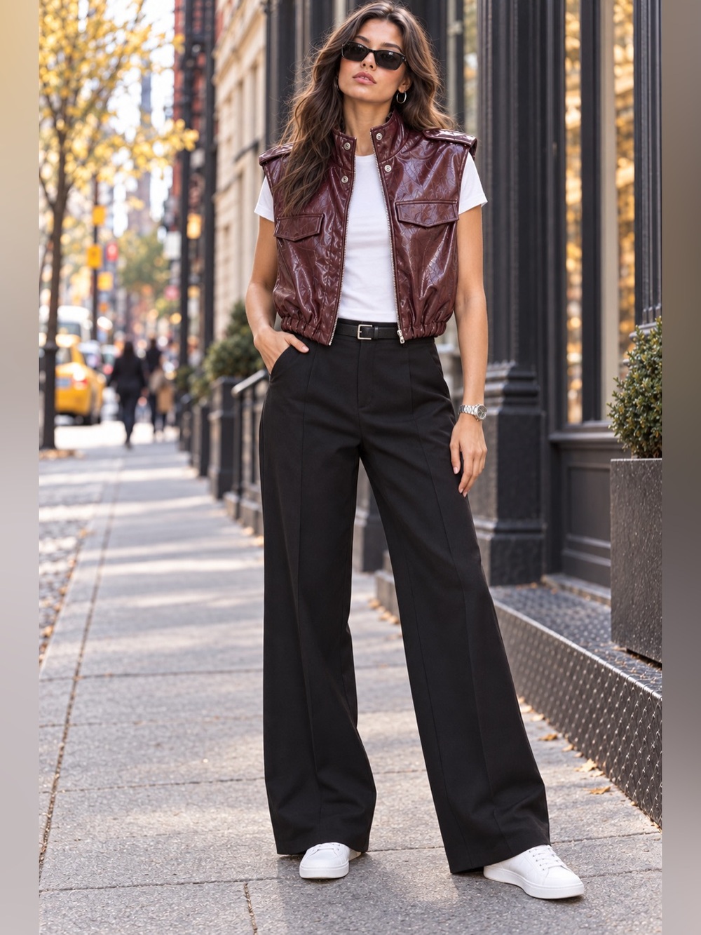 Steve Madden Luxie Deep Fig Faux Leather Funnel Neck Vest Women’s M NWT